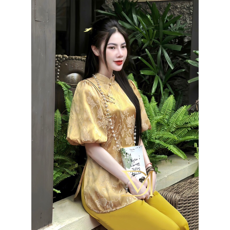 Pháp phục cổ tàu tay bồng gấm Thượng Hải cao cấp