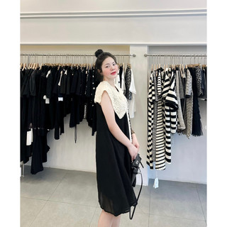 Váy Tơ Phối Cổ Hoa Nơ QC