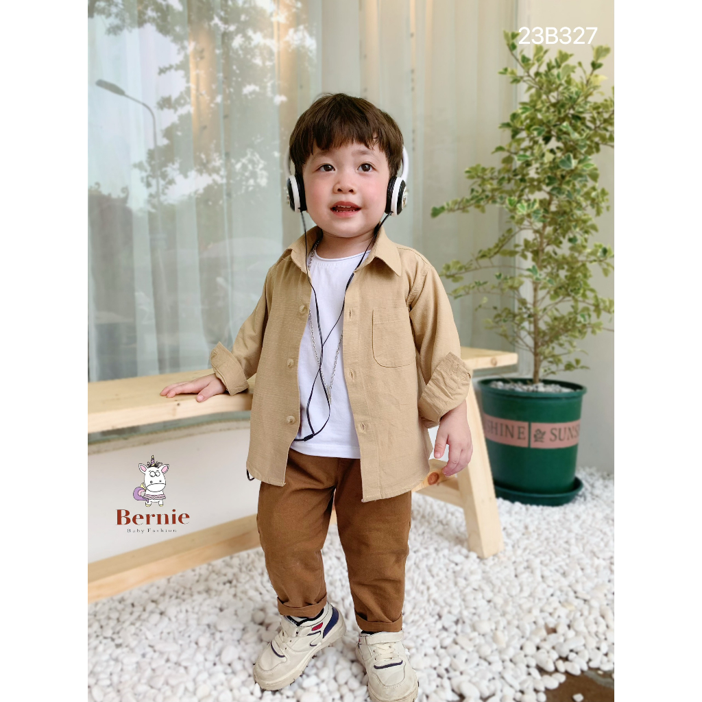 Bộ sơ mi dài tay quần linen dài bé trai, set sơ mi công tử thô đũi mềm cho bé Bernie