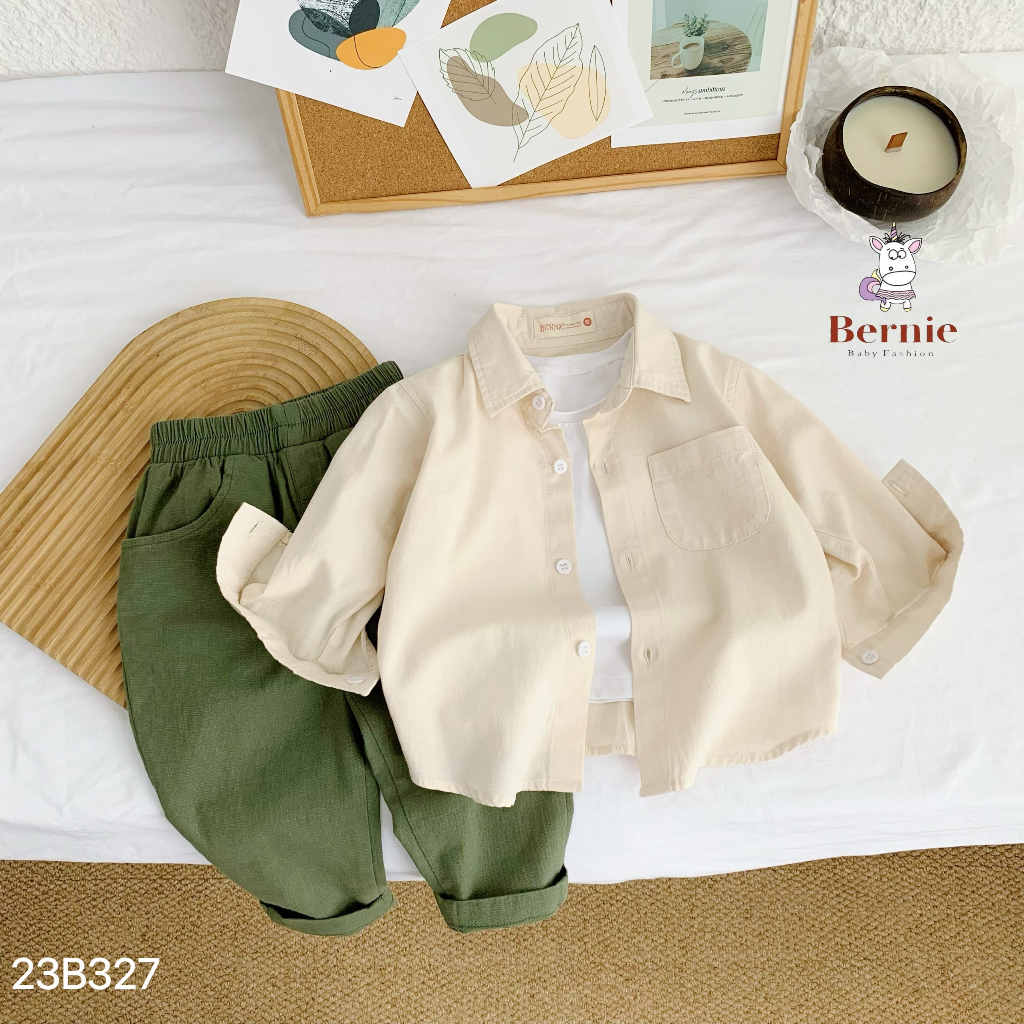 Bộ sơ mi dài tay quần linen dài bé trai, set sơ mi công tử thô đũi mềm cho bé Bernie