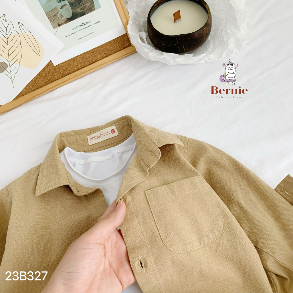 Bộ sơ mi dài tay quần linen dài bé trai, set sơ mi công tử thô đũi mềm cho bé Bernie