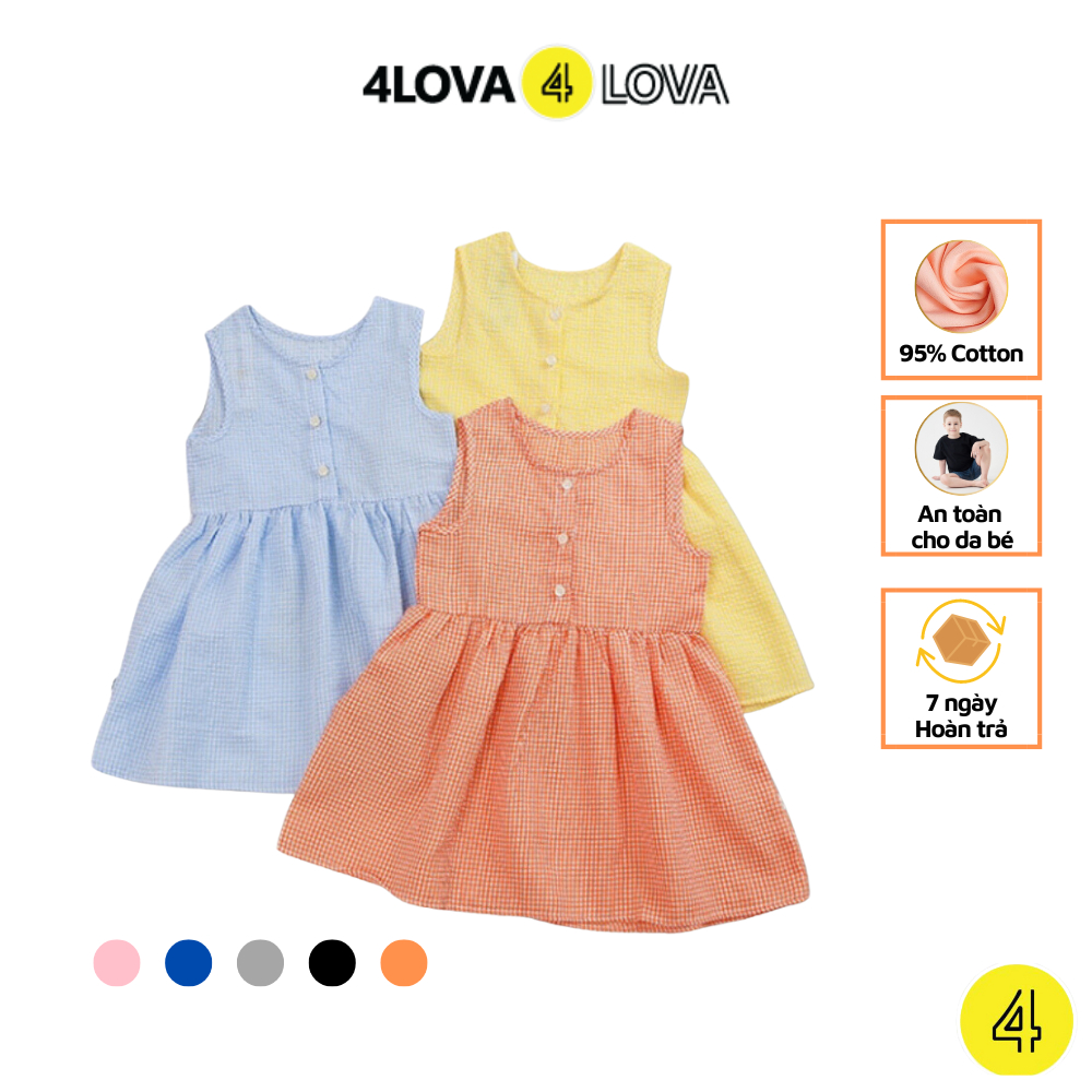 Váy bé gái công chúa sát nách 4LOVA thô cotton thoáng mát, mềm mại, họa tiết kẻ xinh xắn, thoáng mát KID006