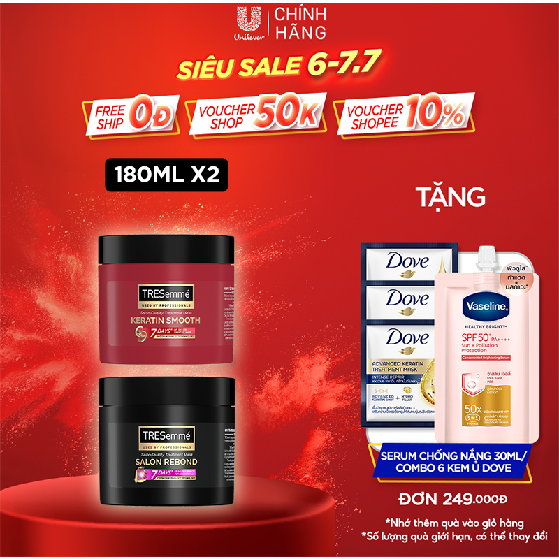 Combo Kem Ủ Tresemmé Salon Rebond Ngăn Gãy Rụng và Keratin Smooth Tinh Dầu Argan Vào nếp suôn mượt 180ML/ hộp