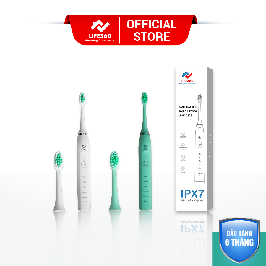 Bàn Chải Điện Sonic Life360 LE-BCD22B - Chải Sạch Mảng Bám Tới 10 Lần, Chống Nước IPX7 - Trắng & Xanh