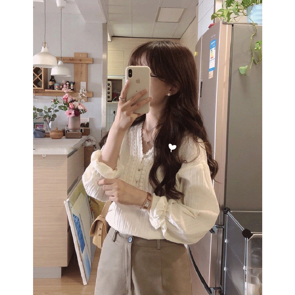 Áo sơ mi nữ cổ V phối ren phong cách vintage nhẹ nhàng, Áo sơmi công sở tay dài phong cách Hàn Quốc