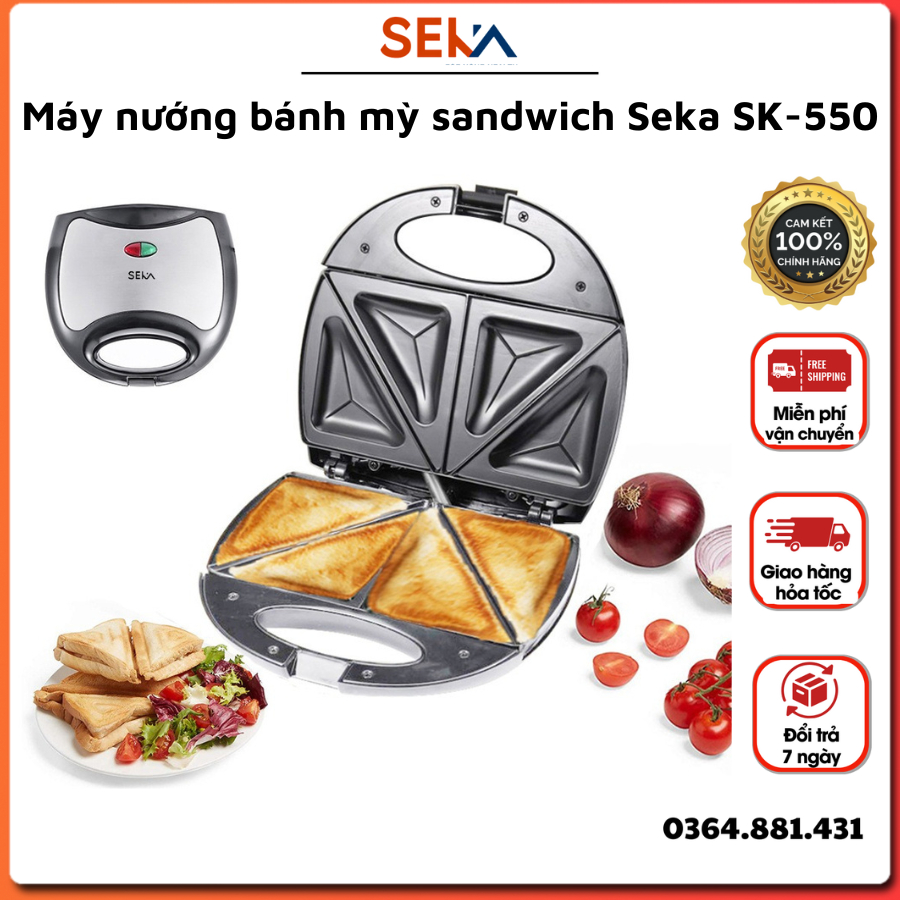 Máy nướng bánh mì Seka SK-550 công suất 750W, máy kẹp bánh mì sandwich, làm đồ ăn sáng nướng nhanh chín đều, chống dính