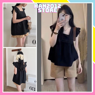 Set áo 2 dây babydoll cổ vuông vai cánh tiên dáng xòe kèm quần short kaki lưng chun kiểu dáng tiểu thư xinh