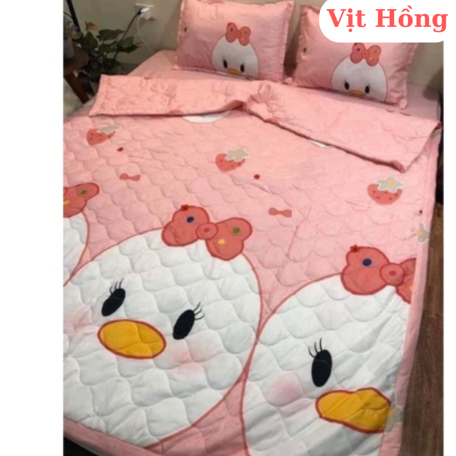 (Giá sỉ) Bộ 5 món Chăn hè Ga Gối bo chun Giường Poly Cotton - đủ size - nhiều mẫu - Thỏ VÀ Hoa, GẤu nấm, Hoa Nơ Tím,...