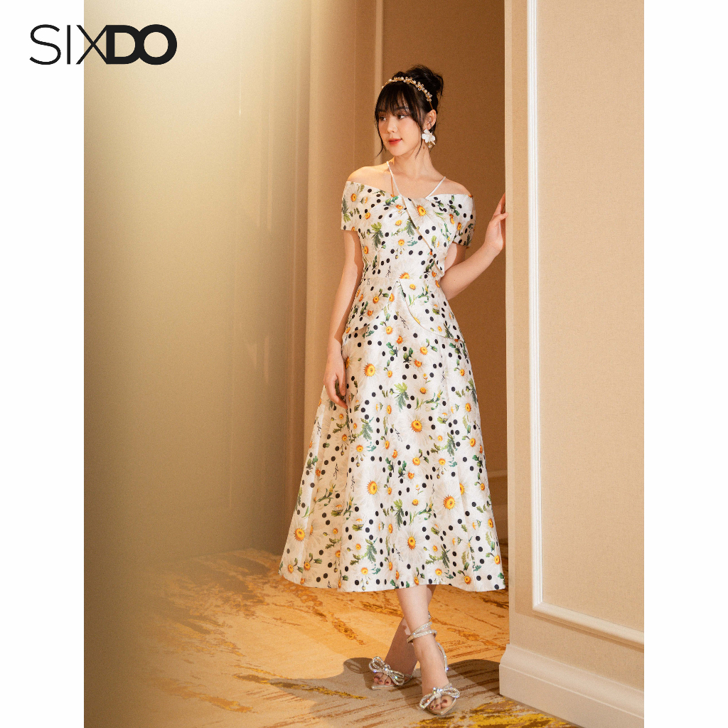 Đầm trễ vai dáng xòe họa tiết hoa cúc thanh lịch SIXDO (White Daisy Midi Brocade Dress)