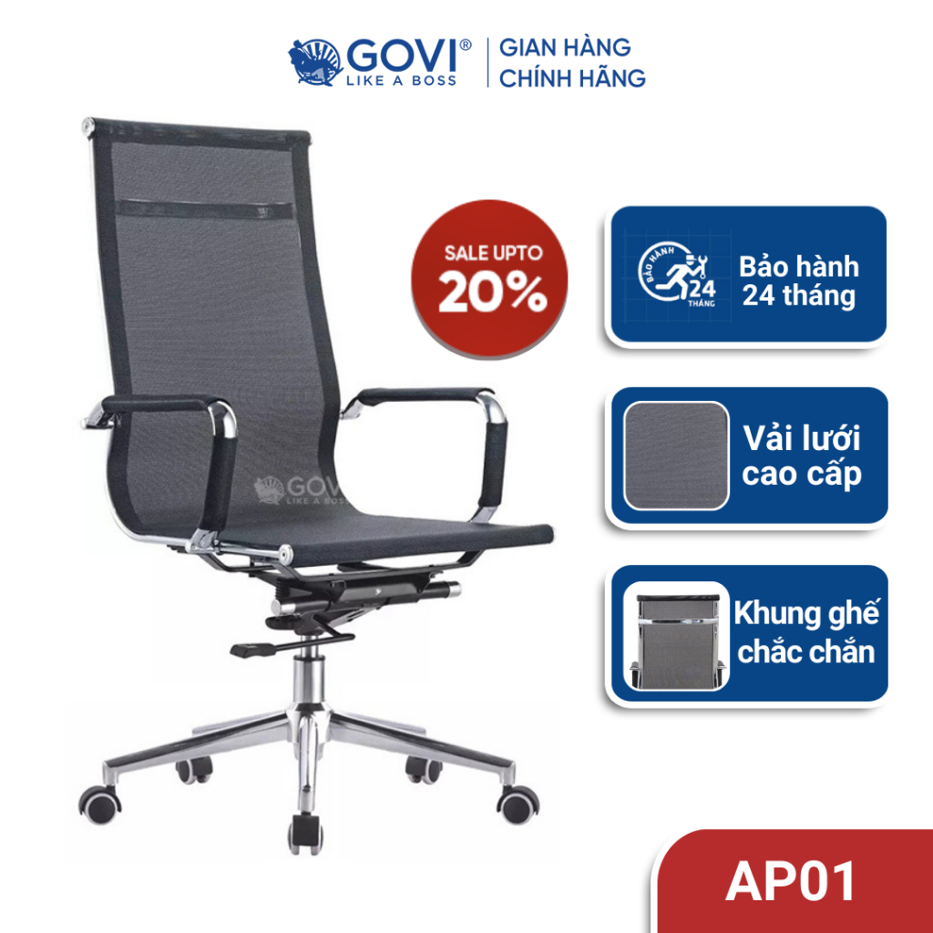 Ghế xoay văn phòng GOVI Apollo AP01 Lưng lưới, khung ghế chắc chắn, chất liệu vải lưới nhập khẩu