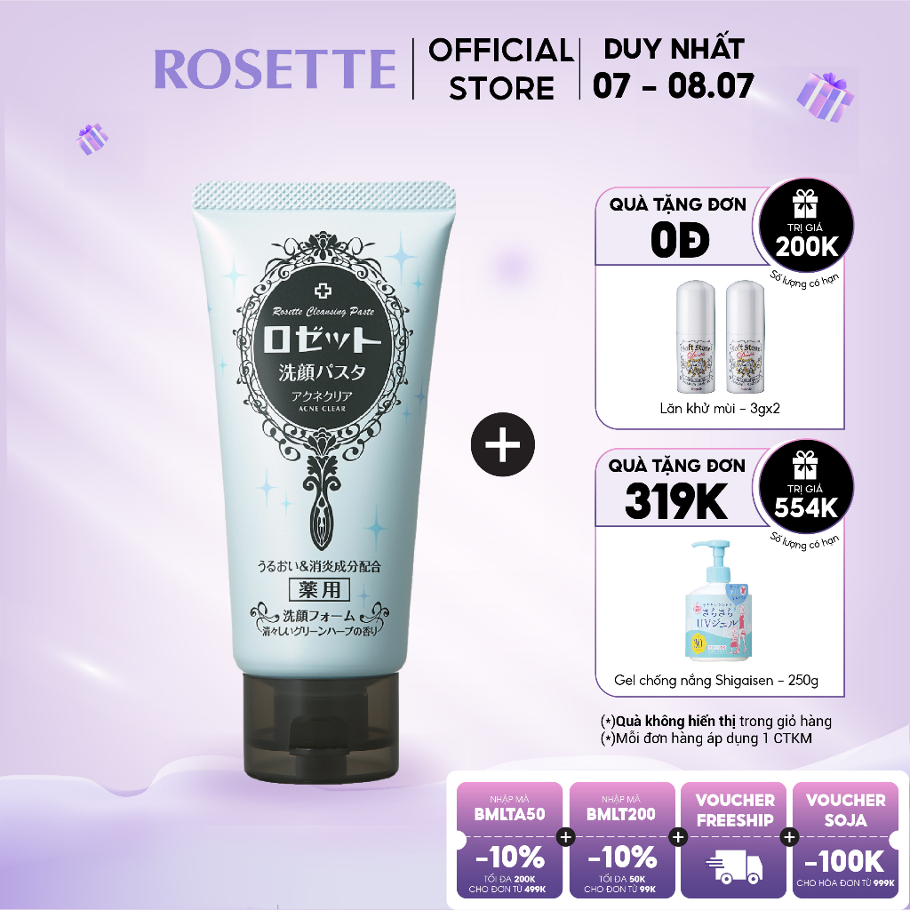 Sữa Rửa Mặt Làm Giảm Mụn Rosette Face Wash Pasta Acne Clear 120G