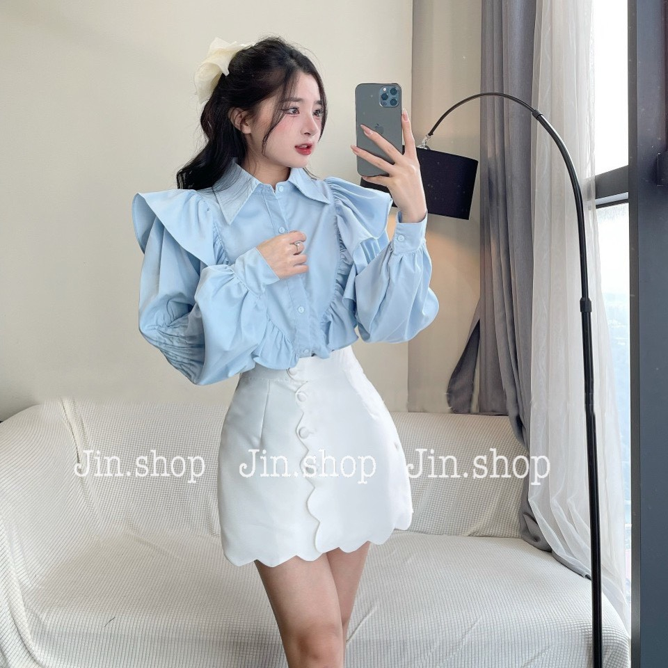 Áo sơ mi dài tay bèo vai, sơ mi học sinh, sinh viên, áo nữ sinh kèm hoa cài,thiết kế vintage tiểu thư cao cấp