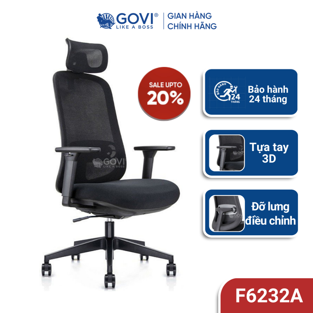 Ghế công thái học Ergonomic GOVI Felix F6232A - Thiết kế tựa đầu điều chỉnh, tựa tay 3D nâng hạ, mâm ghế ngả 135 độ