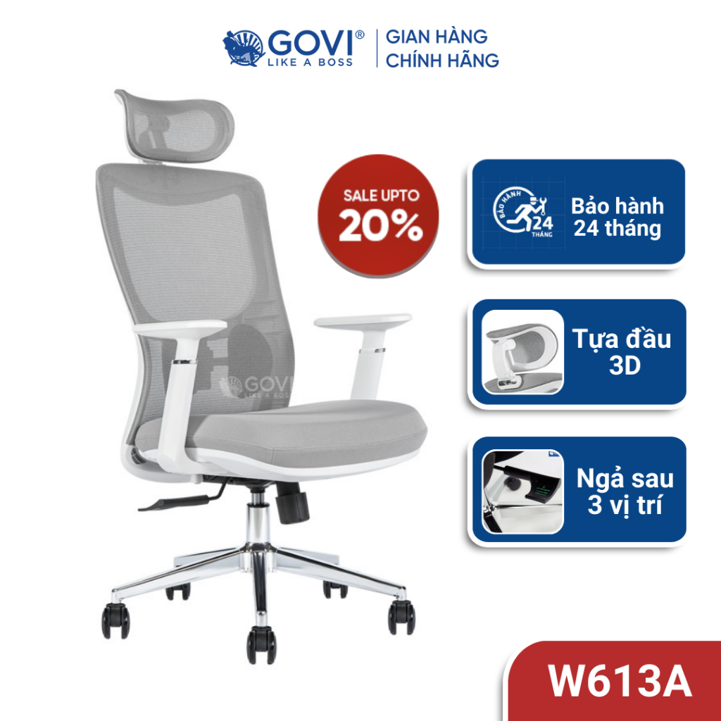 Ghế xoay văn phòng Govi W01A - Tính năng công thái học xoay 360 độ, tựa đầu, nâng hạ độ cao