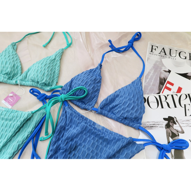 Bikini dáng tam giác thun đáp nhung xanh ngọc 2M0070
