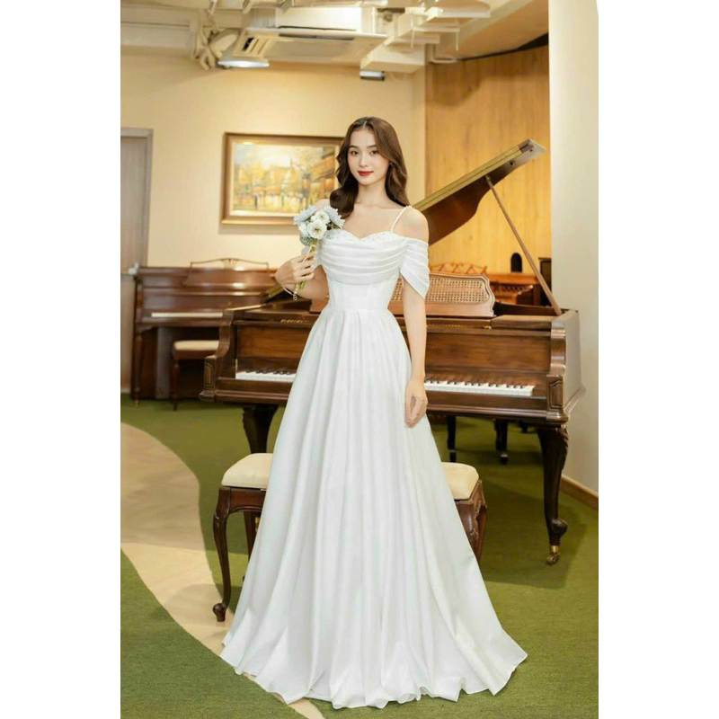 Đầm maxi mặc cưới trễ vai xếp ly kết hạt ngọc sang trọng rất đẹp