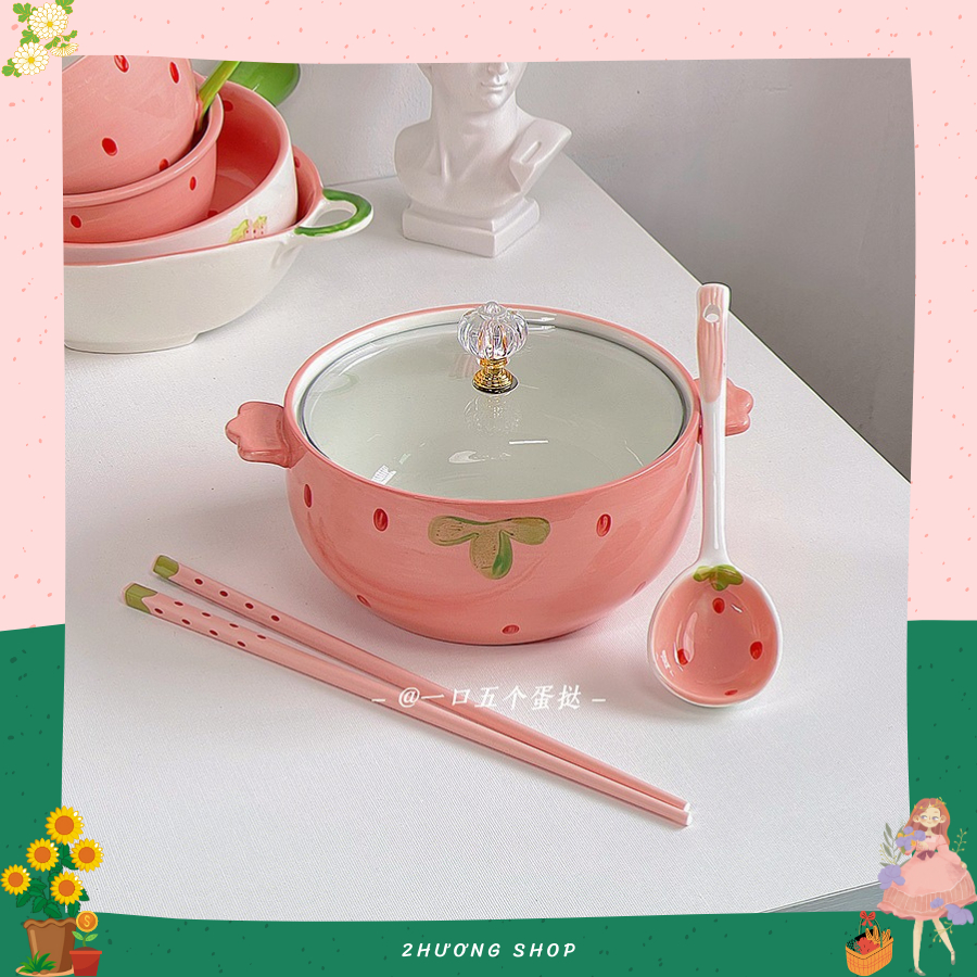 Nồi Tô Bát Úp Mì Sứ Dâu Hồng Tô Canh Hai Tai Có Nắp Đậy Tô Mì Đựng Thức Ăn Ăn Lẩu Salad Cơm Phở Kèm Muỗng Sứ Đũa