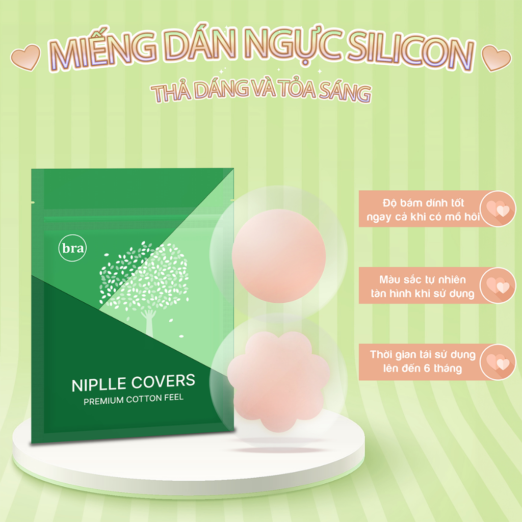 Miếng dán ngực silicone Ova Nipple Pads Silica gel Sticker che đầu ti không lộ viền nhũ hình hoa và tròn, có lót giữa.