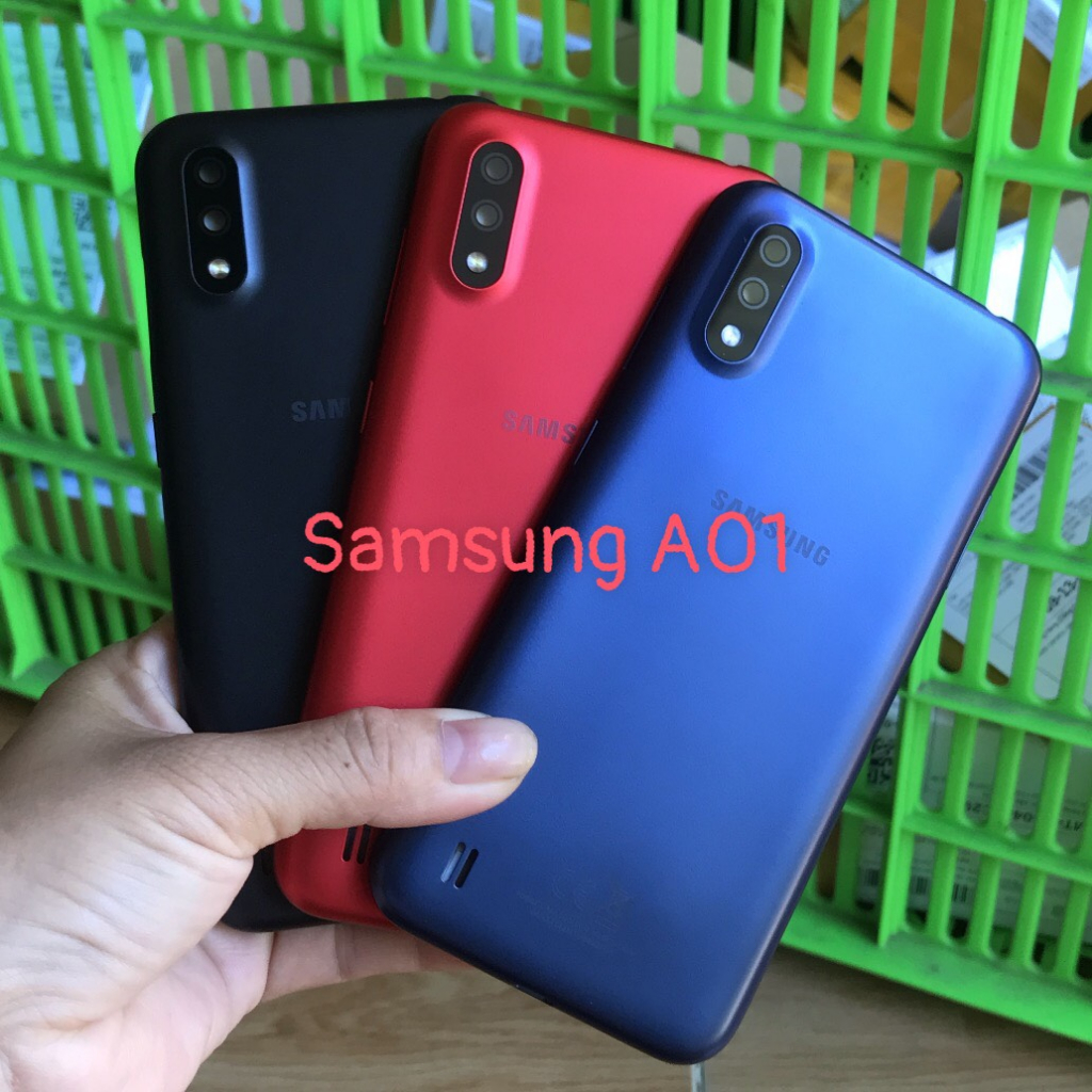 Bộ vỏ sườn Galaxy Samsung A01 zin (gồm lưng ,xườn ,nút bấm, kính camera)