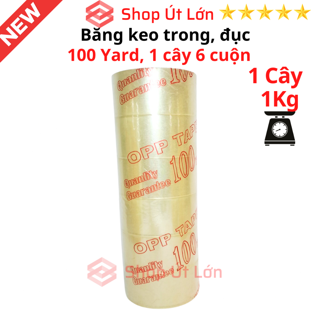 Băng Keo trong, đục 100yard, nặng 1kg, rộng 4.7cm, lõi giấy 5mm. Mua từ 6 cây được kèm dao cắt băng keo.