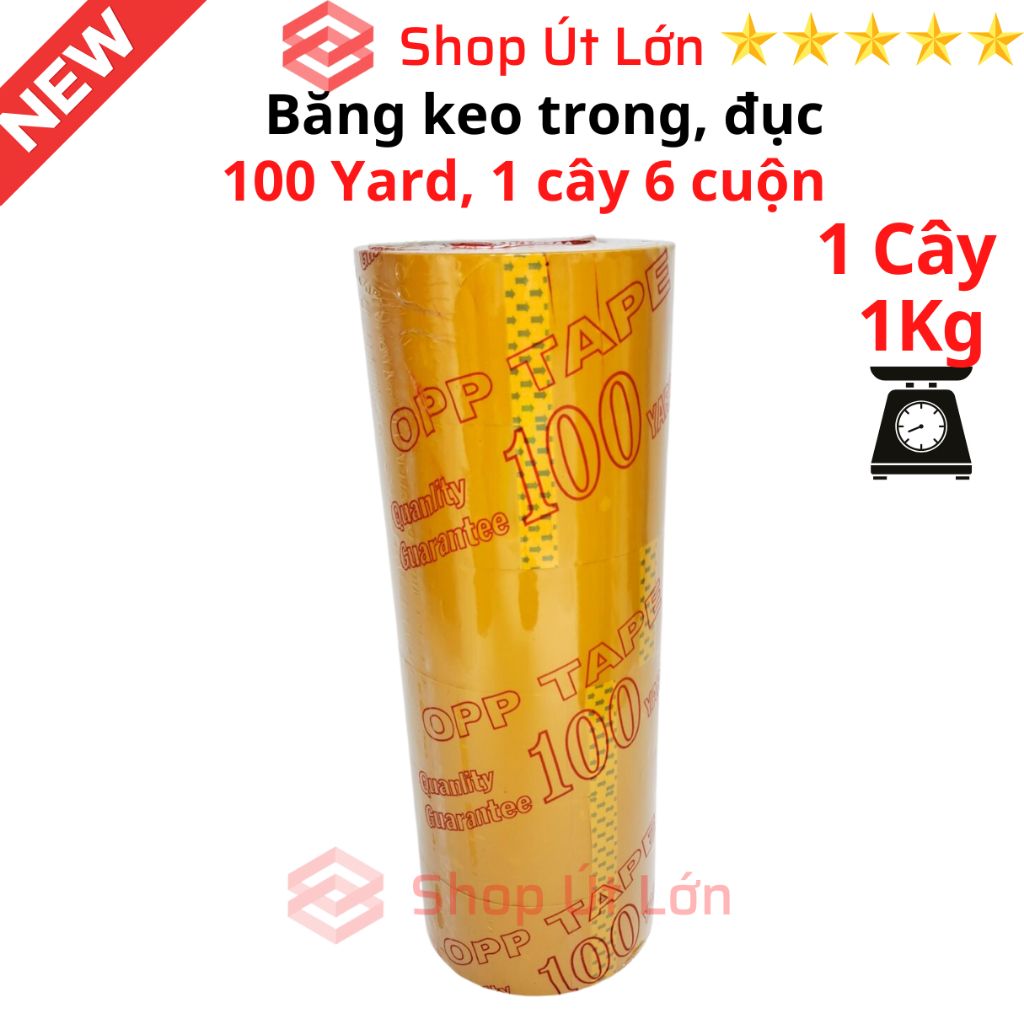 Băng Keo trong, đục 100yard, nặng 1kg, rộng 4.7cm, lõi giấy 5mm. Mua từ 6 cây được kèm dao cắt băng keo.