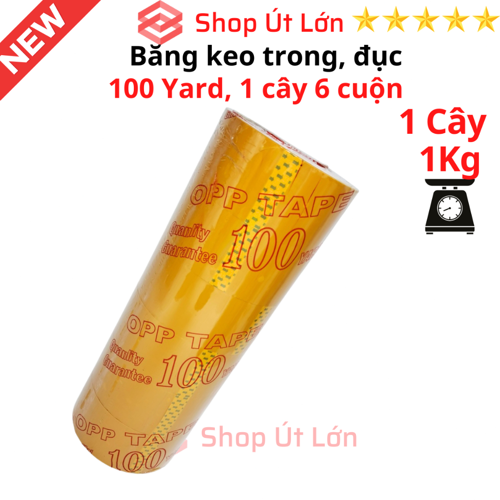 Băng Keo trong, đục 100yard, nặng 1kg, rộng 4.7cm, lõi giấy 5mm. Mua từ 6 cây được kèm dao cắt băng keo.