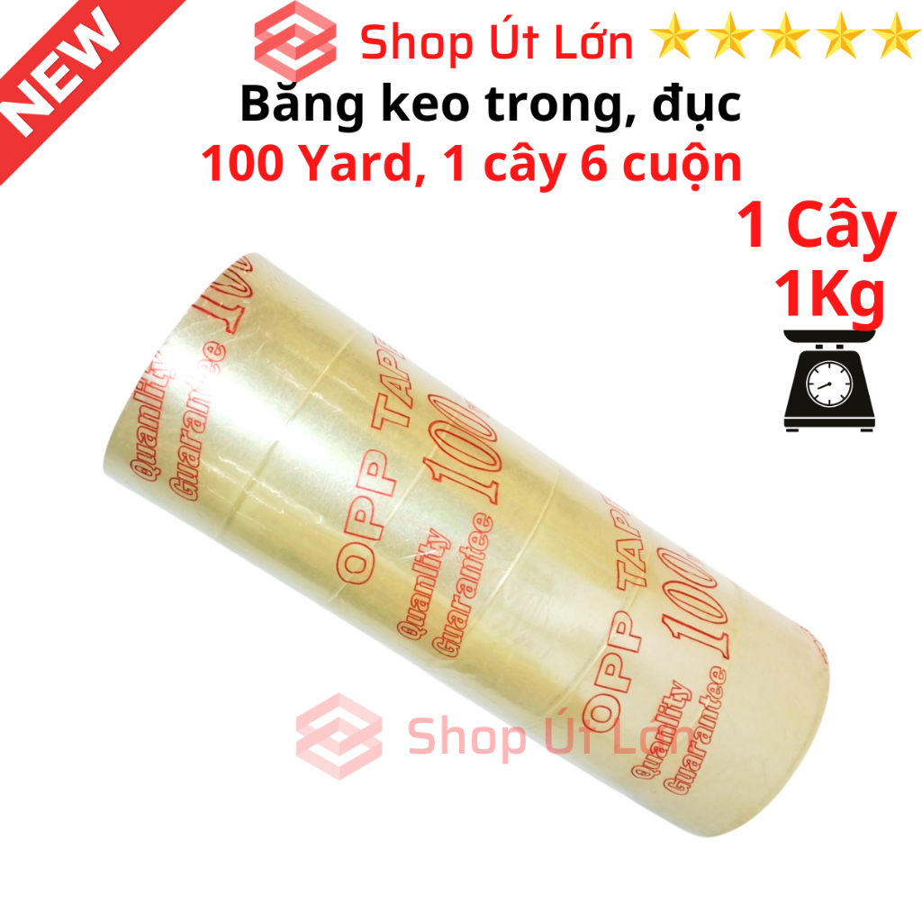 Băng Keo trong, đục 100yard, nặng 1kg, rộng 4.7cm, lõi giấy 5mm. Mua từ 6 cây được kèm dao cắt băng keo.