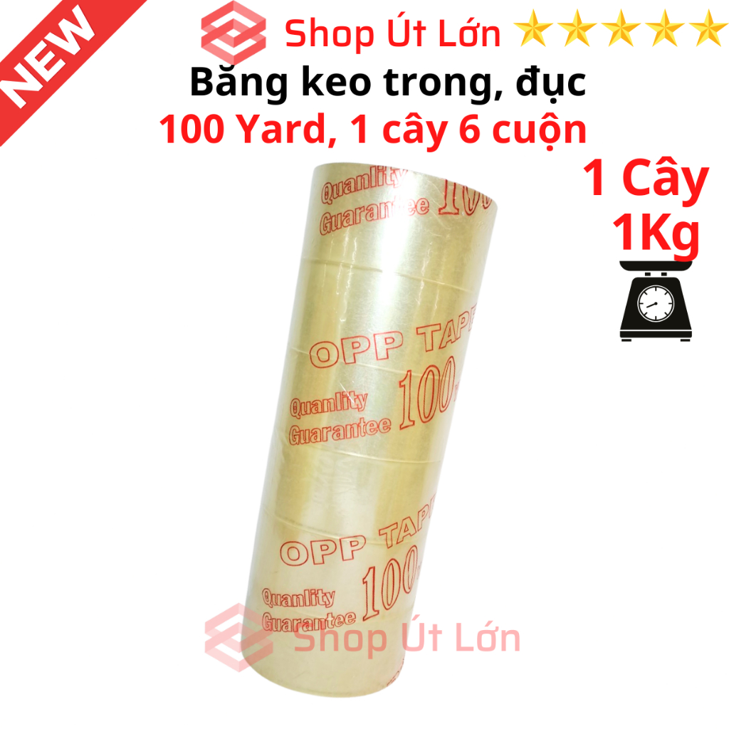 Băng Keo trong, đục 100yard, nặng 1kg, rộng 4.7cm, lõi giấy 5mm. Mua từ 6 cây được kèm dao cắt băng keo.