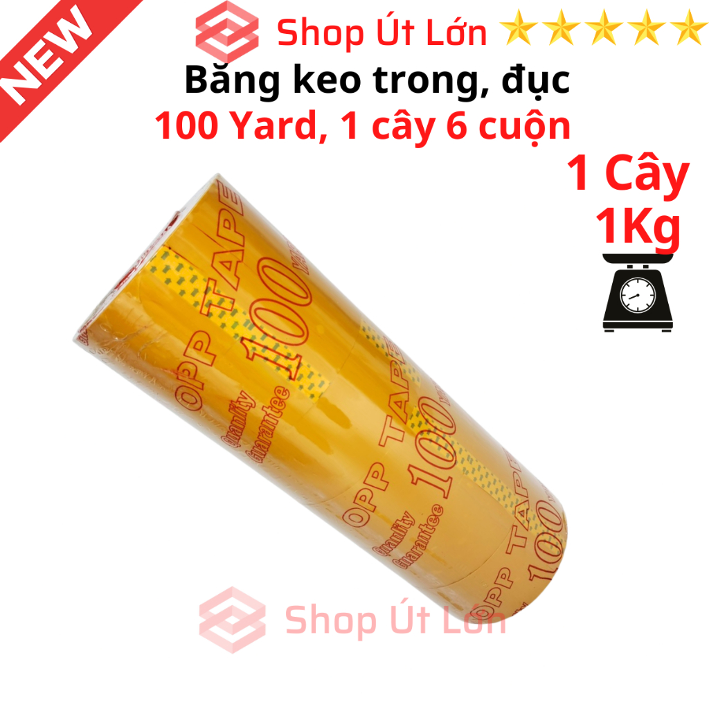 Băng Keo trong, đục 100yard, nặng 1kg, rộng 4.7cm, lõi giấy 5mm. Mua từ 6 cây được kèm dao cắt băng keo.