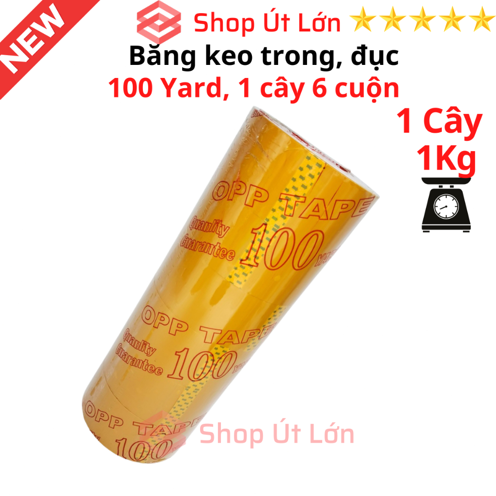 Băng Keo trong, đục 100yard, nặng 1kg, rộng 4.7cm, lõi giấy 5mm. Mua từ 6 cây được kèm dao cắt băng keo.