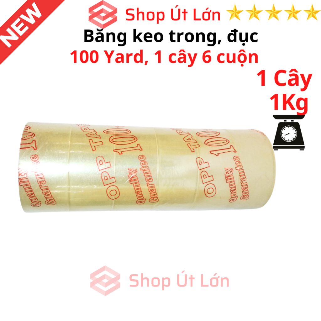 Băng Keo trong, đục 100yard, nặng 1kg, rộng 4.7cm, lõi giấy 5mm. Mua từ 6 cây được kèm dao cắt băng keo.