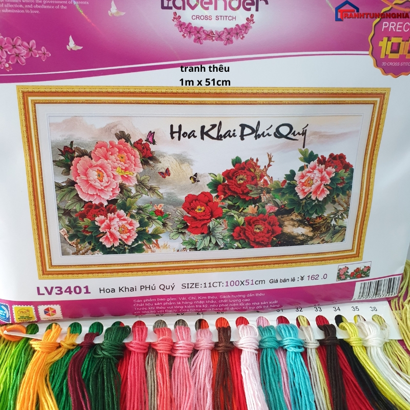 Tranh đính đá, tranh thêu chữ thập hoa mẫu đơn