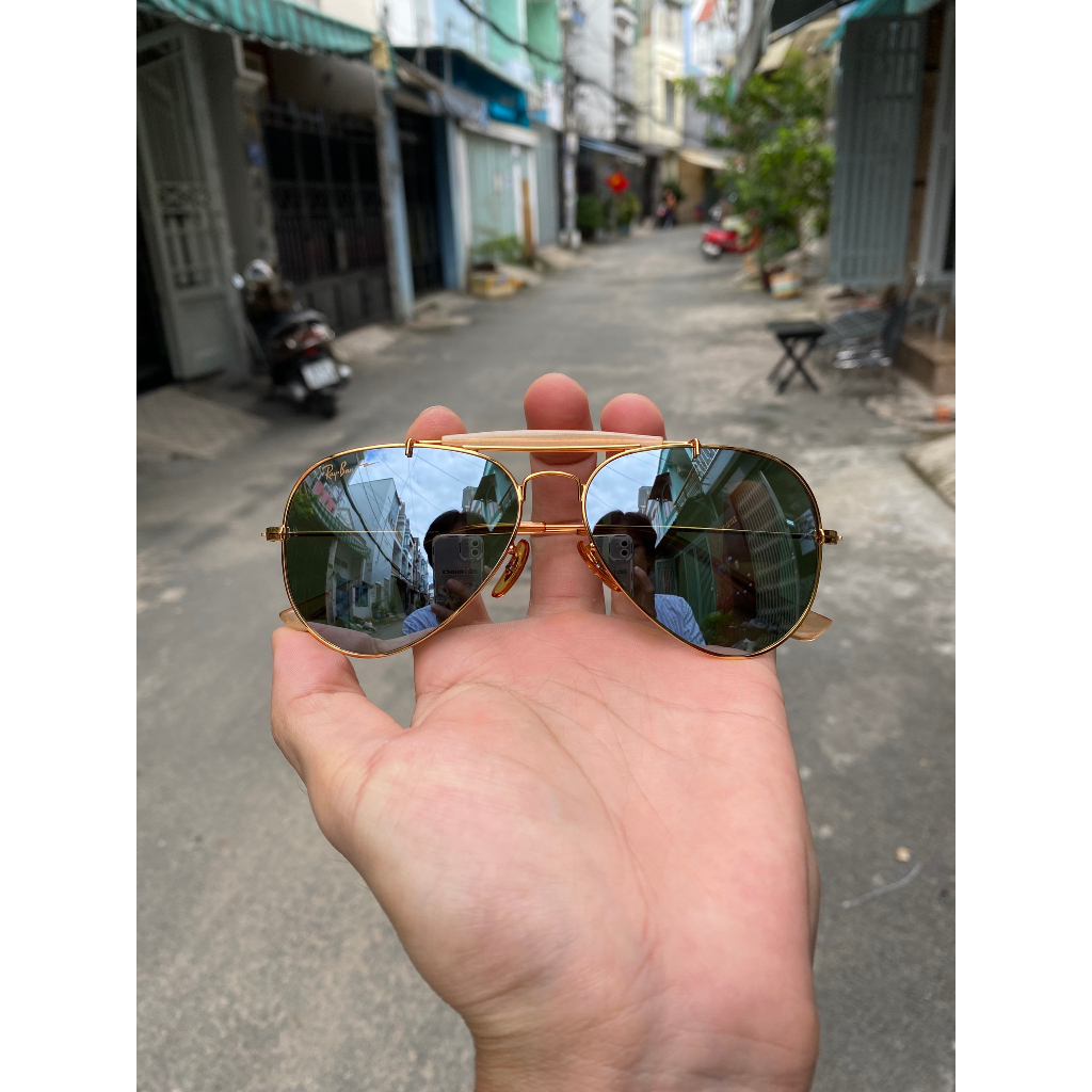 Kính Rayban chromax 3 cầu của Mỹ, 2nd, tròng thủy tinh tráng gương Bạc khói, mắt phi công dái dê, chuồn chuồn. ảnh thật