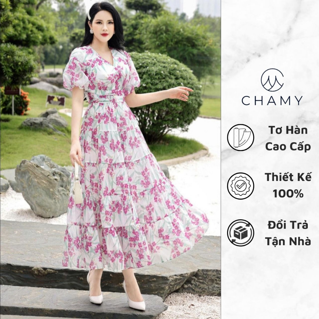 Đầm Nữ 𝐂𝐇𝐀𝐌𝐘 Ofa Dáng Xòe Tầng Bồng Bềnh Phối Hoa Nổi Bật Chất Tơ Hàn Cao Cấp