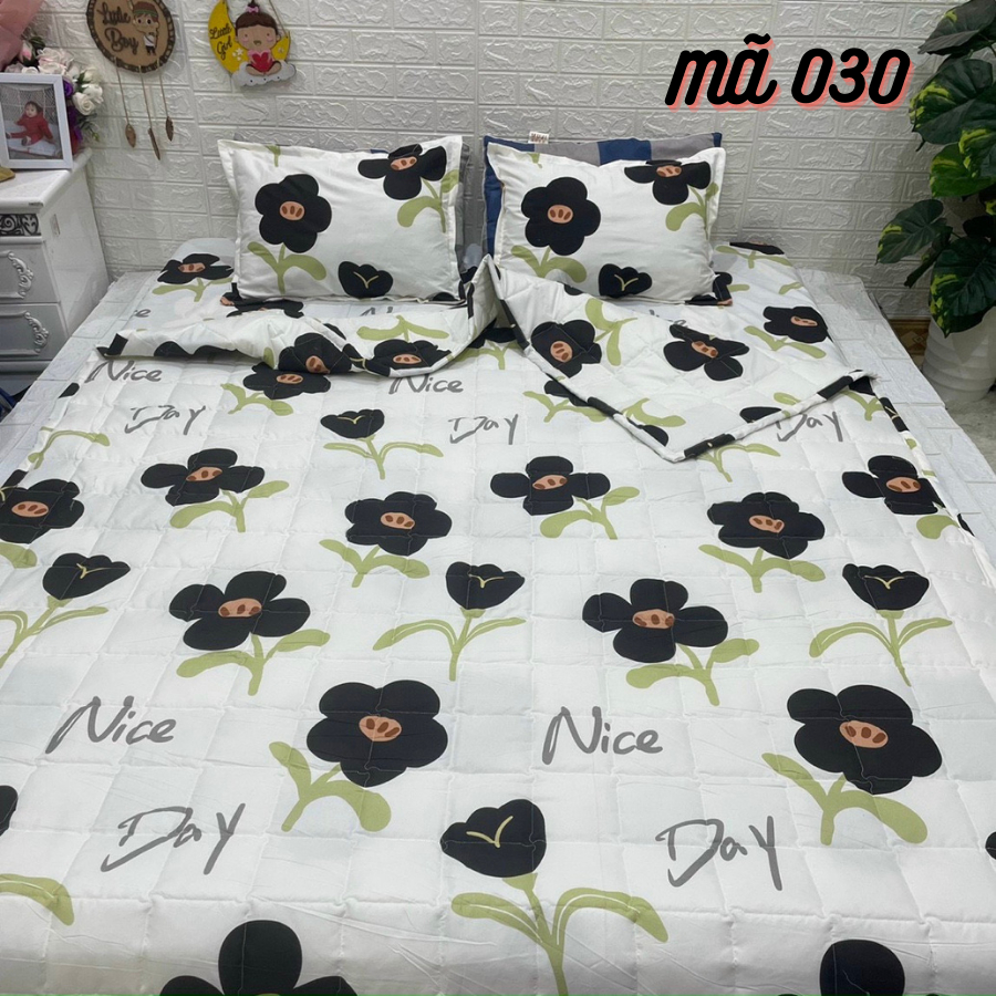 (Gì cũng rẻ) Bộ 5 món Chăn hè Ga Gối Poly Cotton bo chun miễn phí - Đủ size - Đủ mẫu - Hoa Nice Day, Gấu rich, Lá Tre,..
