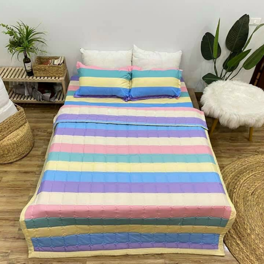 (Gì cũng rẻ) Bộ 5 món Chăn hè Ga Gối Poly Cotton bo chun miễn phí - Đủ size - Đủ mẫu - Hoa Nice Day, Gấu rich, Lá Tre,..