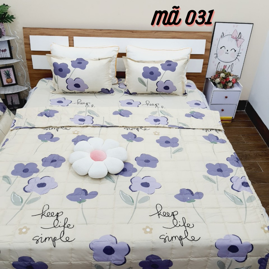 (Gì cũng rẻ) Bộ 5 món Chăn hè Ga Gối Poly Cotton bo chun miễn phí - Đủ size - Đủ mẫu - Hoa Nice Day, Gấu rich, Lá Tre,..