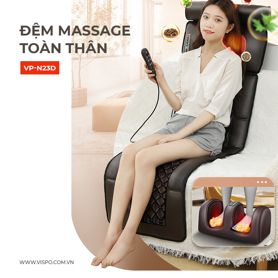 Đệm massage toàn thân VISPO VP-N23D chất liệu da, rung đa điểm massage lưng, có gối và máy massage chân có thể tháo rời