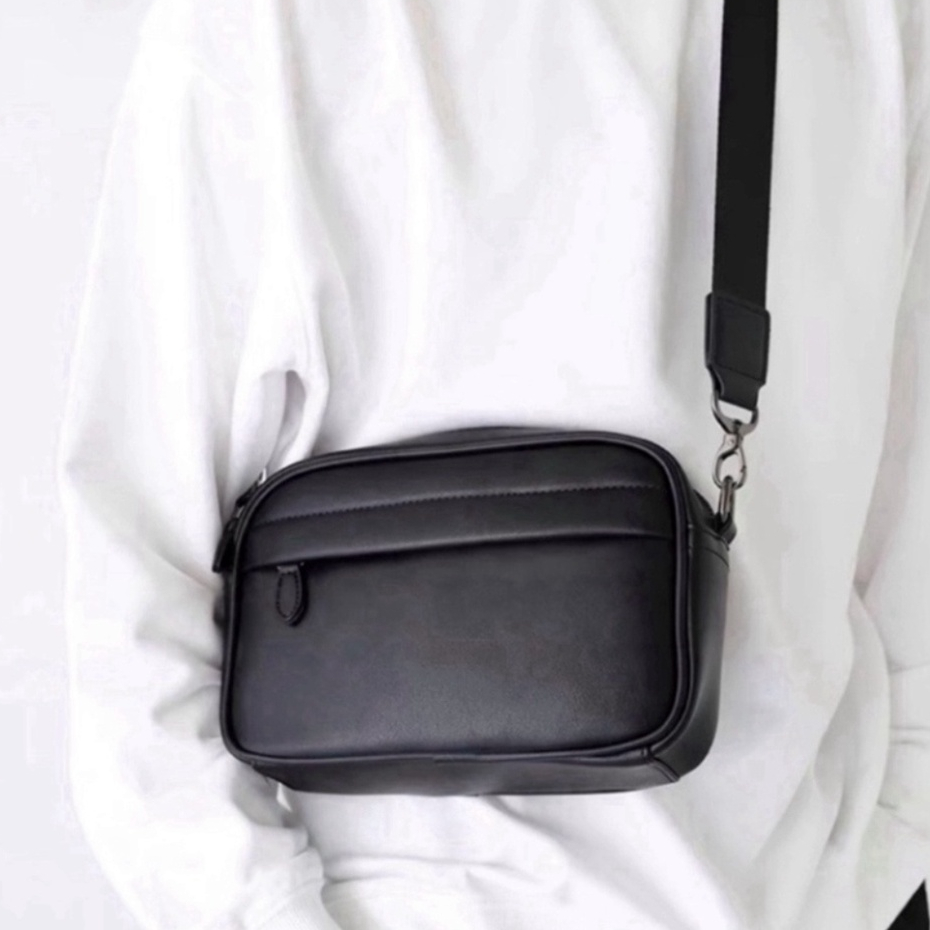 Túi đeo chéo nam nữ da đen trơn chống nước phong cách Hàn Quốc TN04