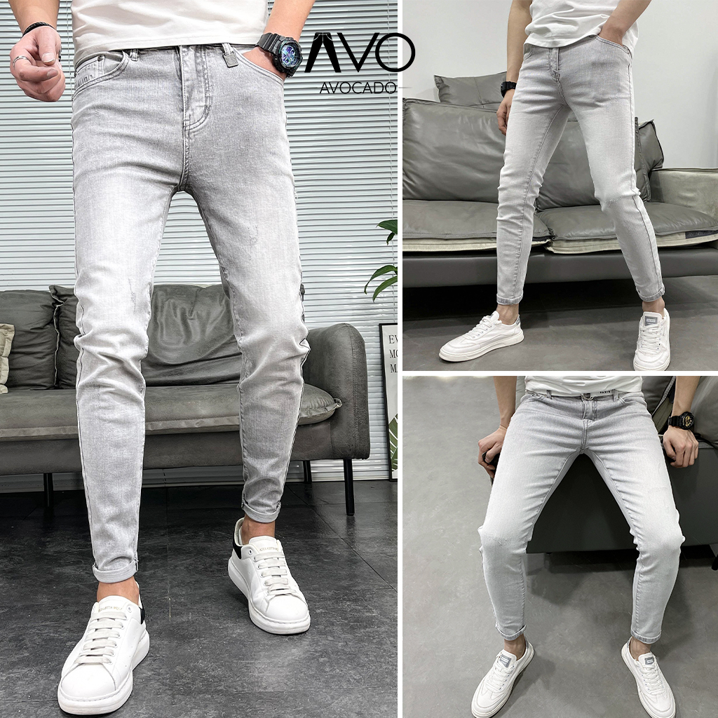 Quần bò jean nam dáng skinny co giãn màu xám bạc bò rách gối dáng ôm From chuẩn Avocado