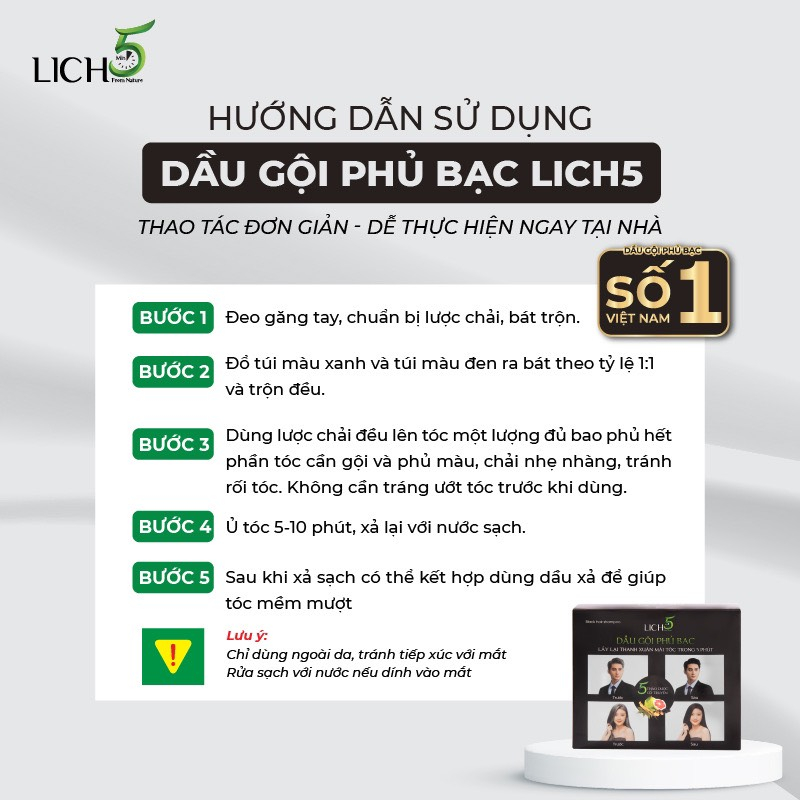 Dầu gội thảo dược phủ bạc tóc Lich5 - Nhuộm tóc 2 màu đen/nâu đen cỏ cây hoa lá hộp 10 gói