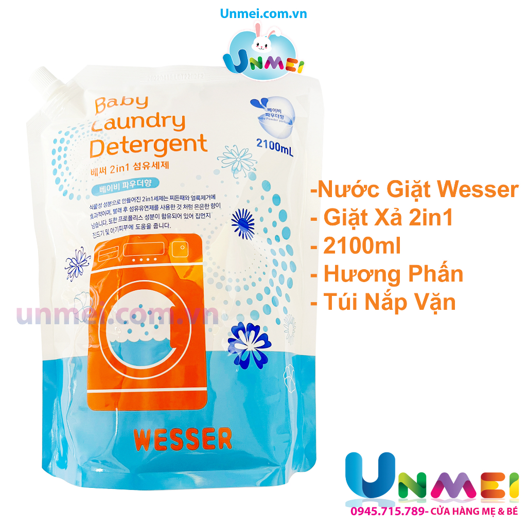 Nước Giặt Wesser 2in1 - 3000ml hương Phấn, hương Hoa Hồng, Nước Giặt Xả cho Bé 3000ml/1200ml/2100ml