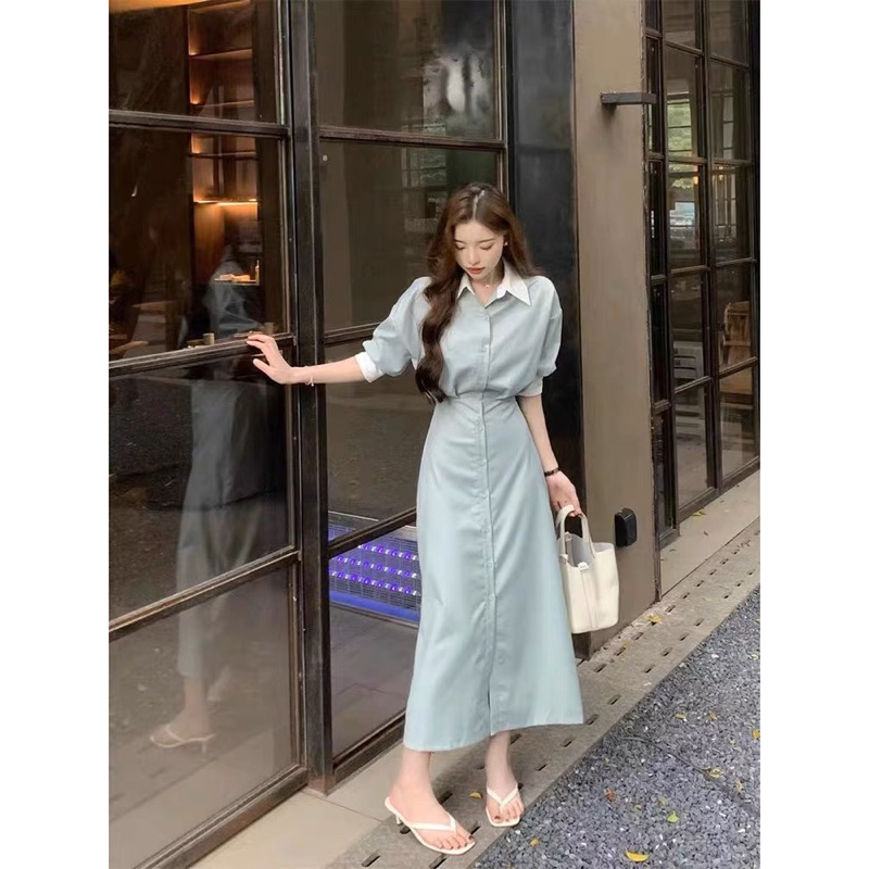 Váy sơ mi dáng dài suông thắt eo cổ bẻ - Coolee.kr