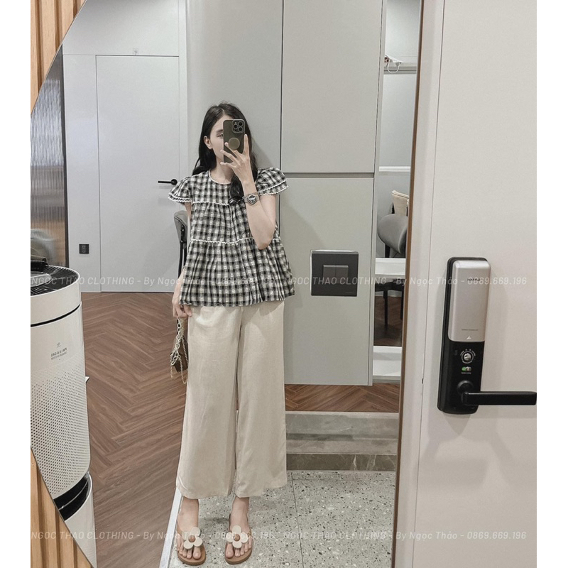 💥sỉ💥 SET BỘ ÁO KẺ PHỐI REN MIX QUẦN SUÔNG-áo cho con ti