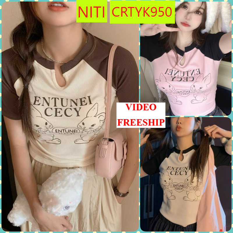 [CRTYK950]ÁO CROPTOP KIỂU LỬNG NỮ CỔ TRÒN NGẮN TAY IN 2 CON THỎ CHỮ ENTUNEI CECY MÀU TRẮNG KEM HỒNG HOT HIT
