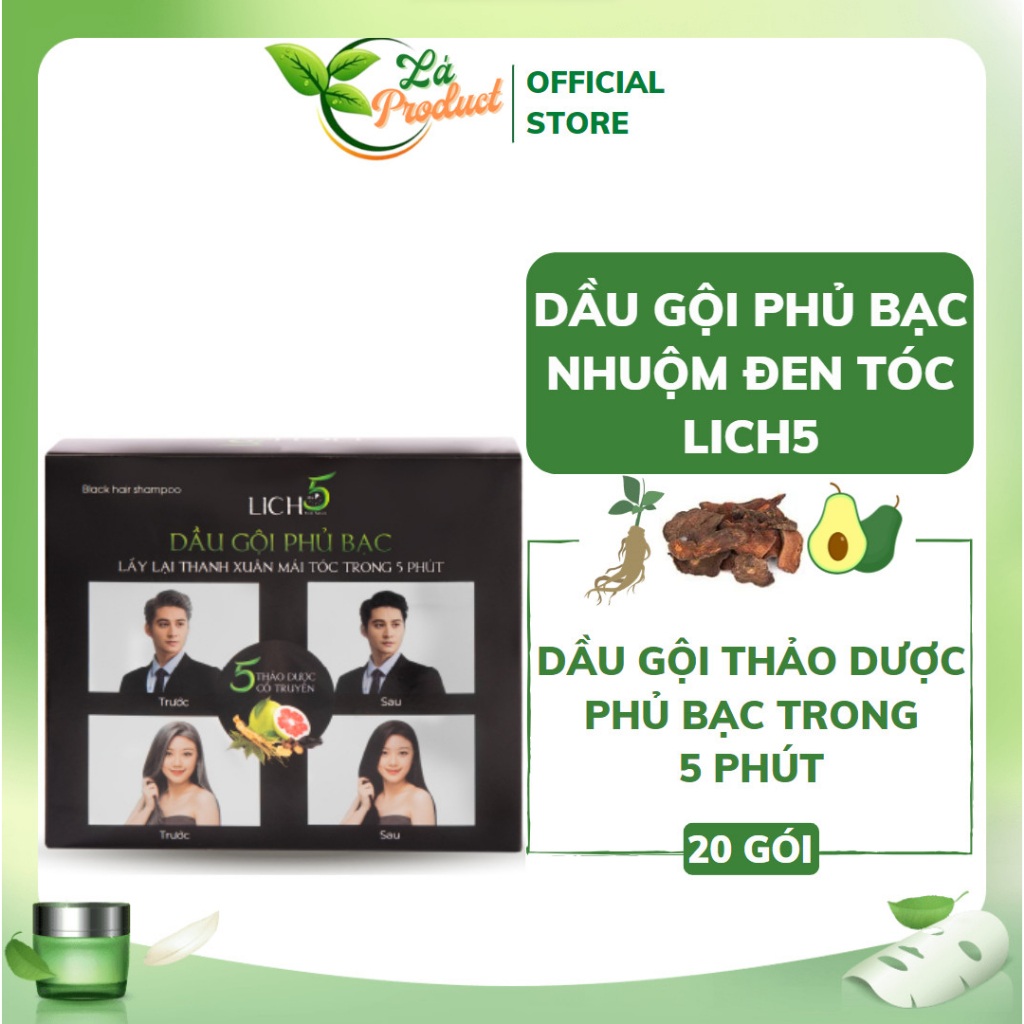 Dầu gội thảo dược phủ bạc tóc Lich5 - Nhuộm tóc 2 màu đen/nâu đen cỏ cây hoa lá hộp 10 gói