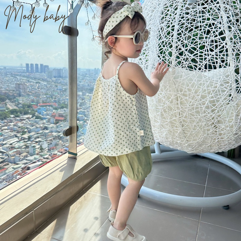 Đồ bộ bé gái hai dây, chất liệu vải xô muslin thoáng mát kèm khăn turban siêu xinh, dễ thương - Mody Baby