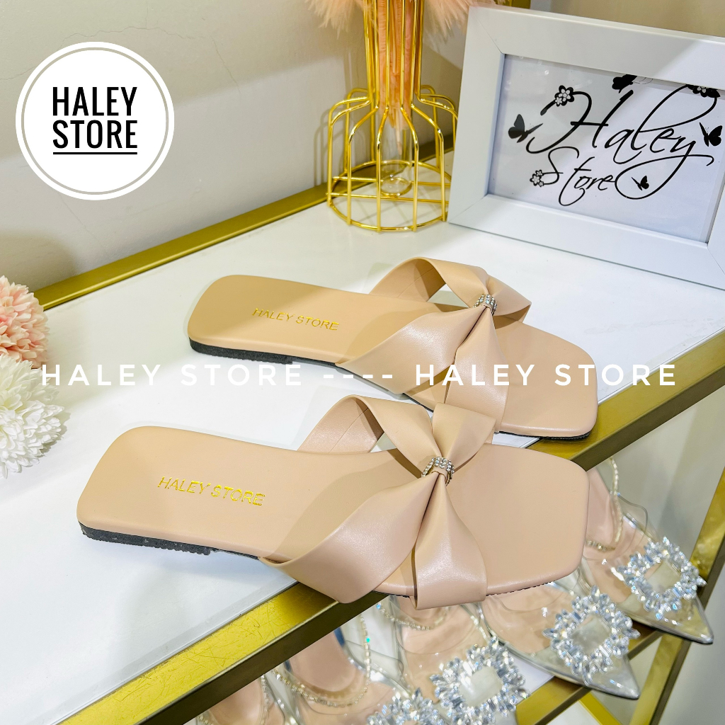 Dép nơ nhíu HALEY STORE quai nơ nhíu đính xoàn đế bệt đi chơi đi học kỉ yếu đi làm rẻ bền đẹp thời trang nữ êm chân