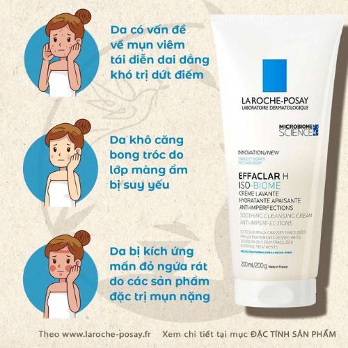 LA ROCHE-POSAY - SỮA RỬA MẶT CHO DA MỤN KHÔ YẾU EFFACLAR H ISO-BIOME SOOTHING CLEANSING CREAM 200ML