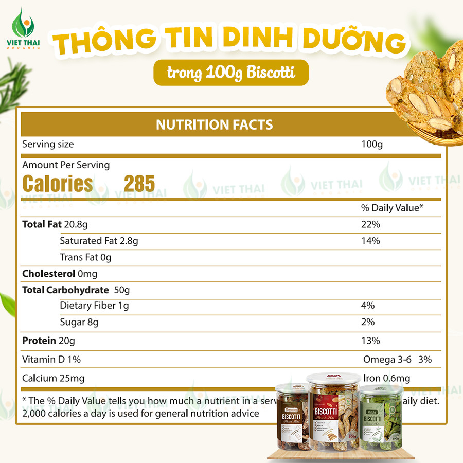 Bánh Biscotti ăn kiêng giảm cân heathly 100% nguyên cám siêu hạt dinh dưỡng (Việt Thái Organic)